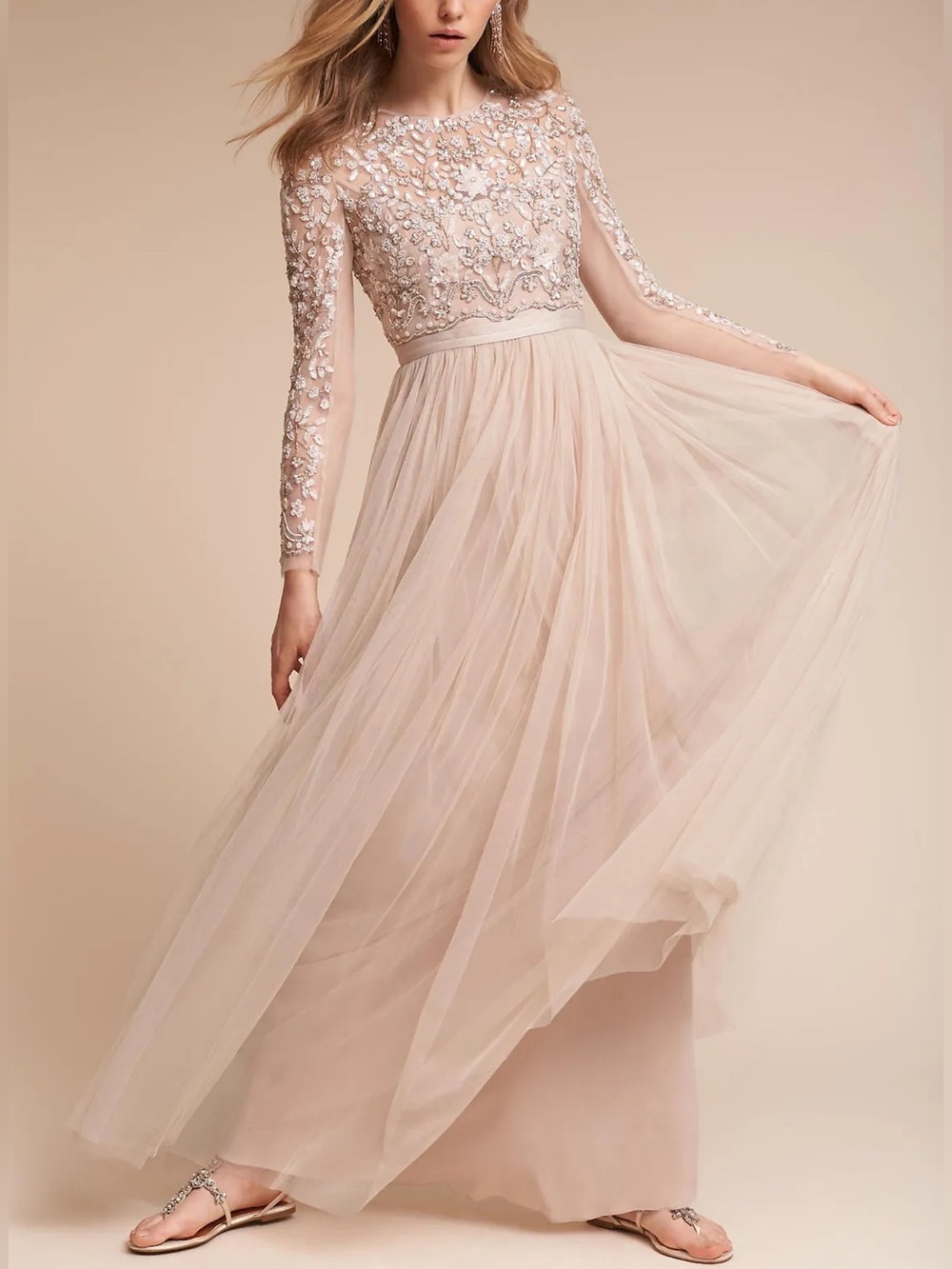 Needle & Thread Rhapsody Gown Blush Beaded Tulle Long Sleeve Gown Sz 10